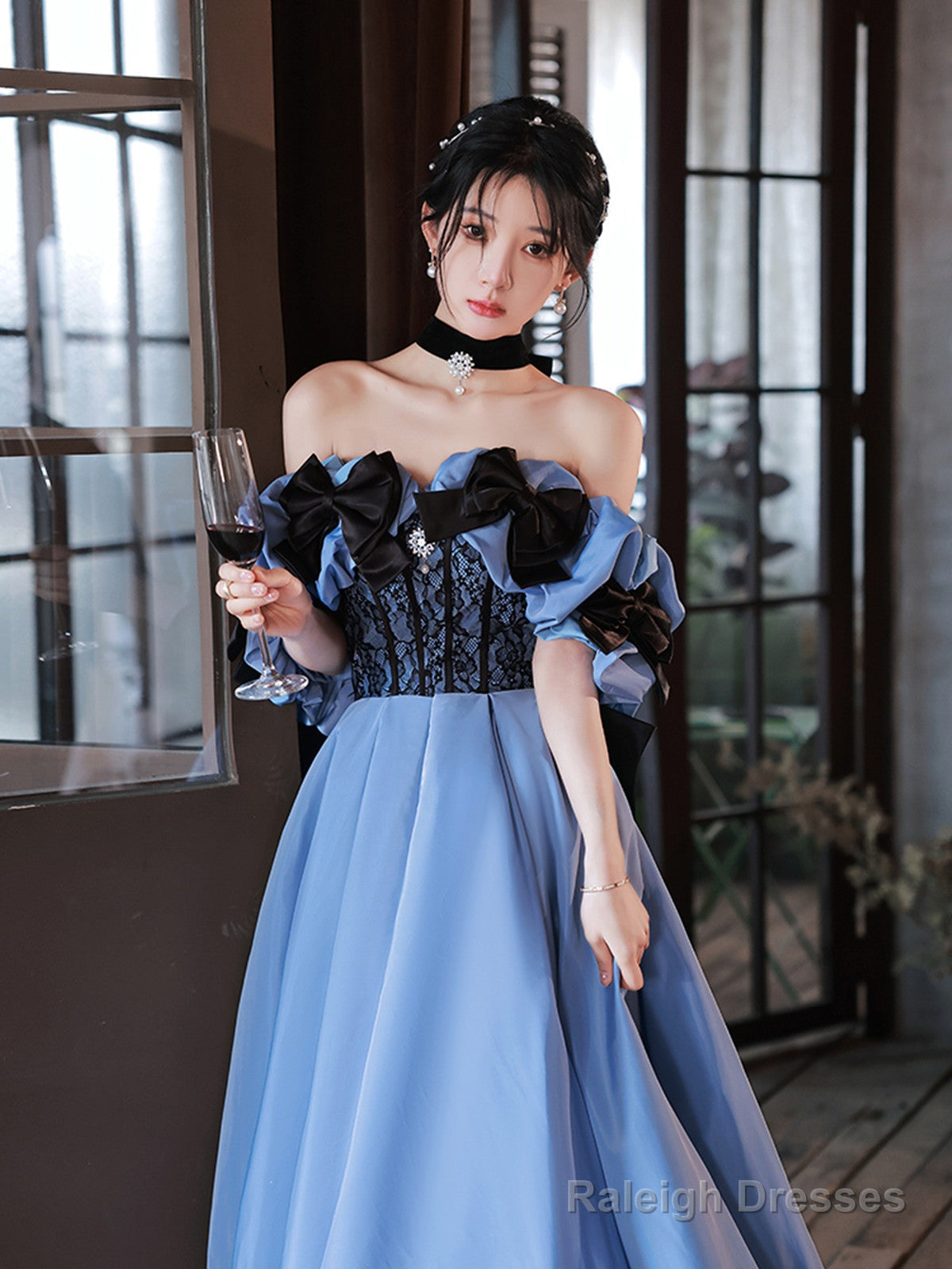Blue Satin Off Shoulder Black Lace Long Prom Dresses A-Line Blue Prom Dresseses Secondary image
