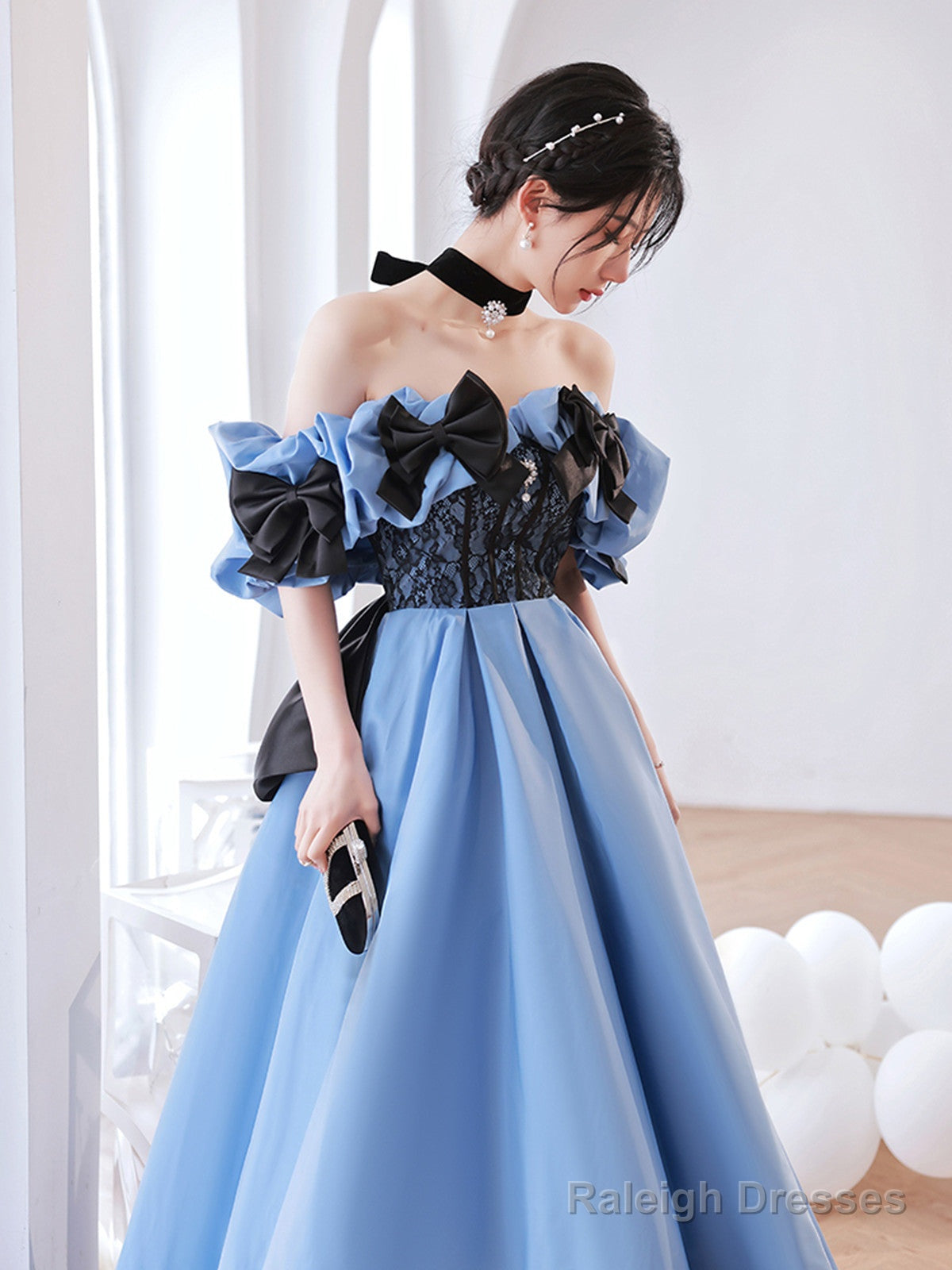 Blue Satin Off Shoulder Black Lace Long Prom Dresses A-Line Blue Prom Dresseses