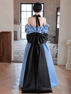 Blue Satin Off Shoulder Black Lace Long Prom Dresses A-Line Blue Prom Dresseses