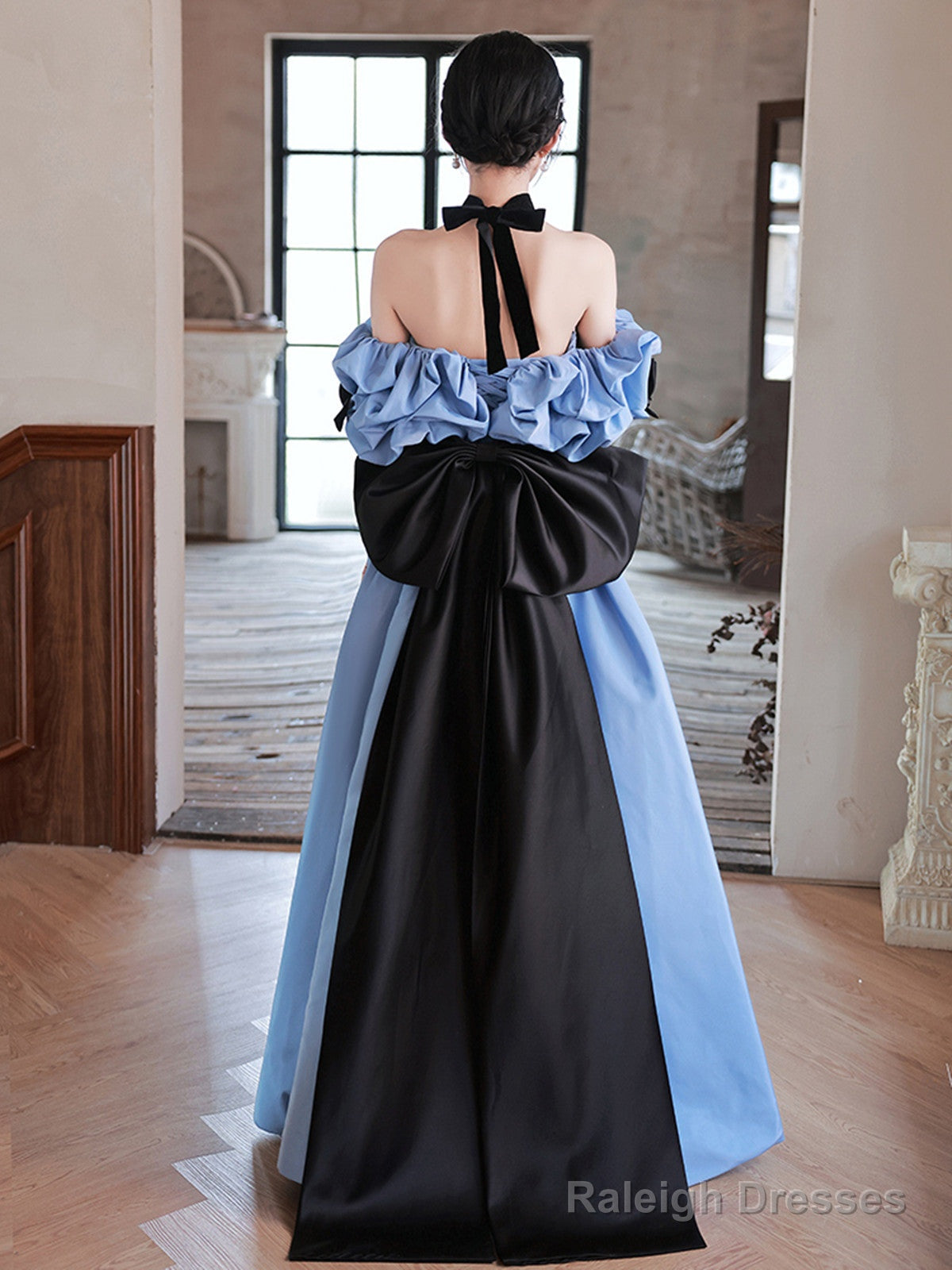 Blue Satin Off Shoulder Black Lace Long Prom Dresses A-Line Blue Prom Dresseses