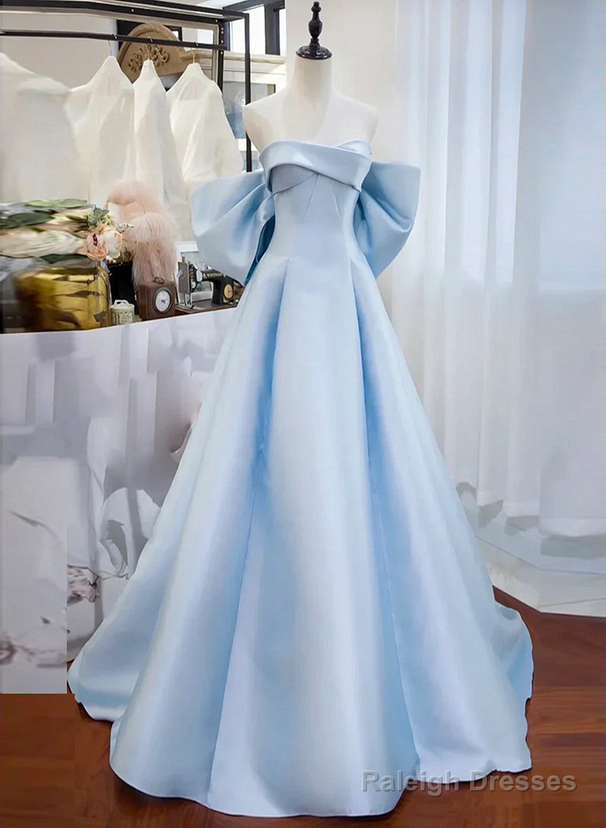 Blue Satin Off Shoulder Long Formal Dress, Blue Long Evening Dress Prom Dress Main image
