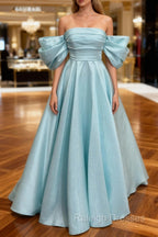 Blue Satin Off Shoulder Long Party Dress, A-line Blue Prom Dress
