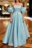 Blue Satin Off Shoulder Long Party Dress, A-line Blue Prom Dress