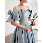 Blue Satin Off Shoulder Prom Dresses Long With Bow A-Line Prom Dresses