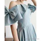 Blue Satin Off Shoulder Prom Dresses Long With Bow A-Line Prom Dresses