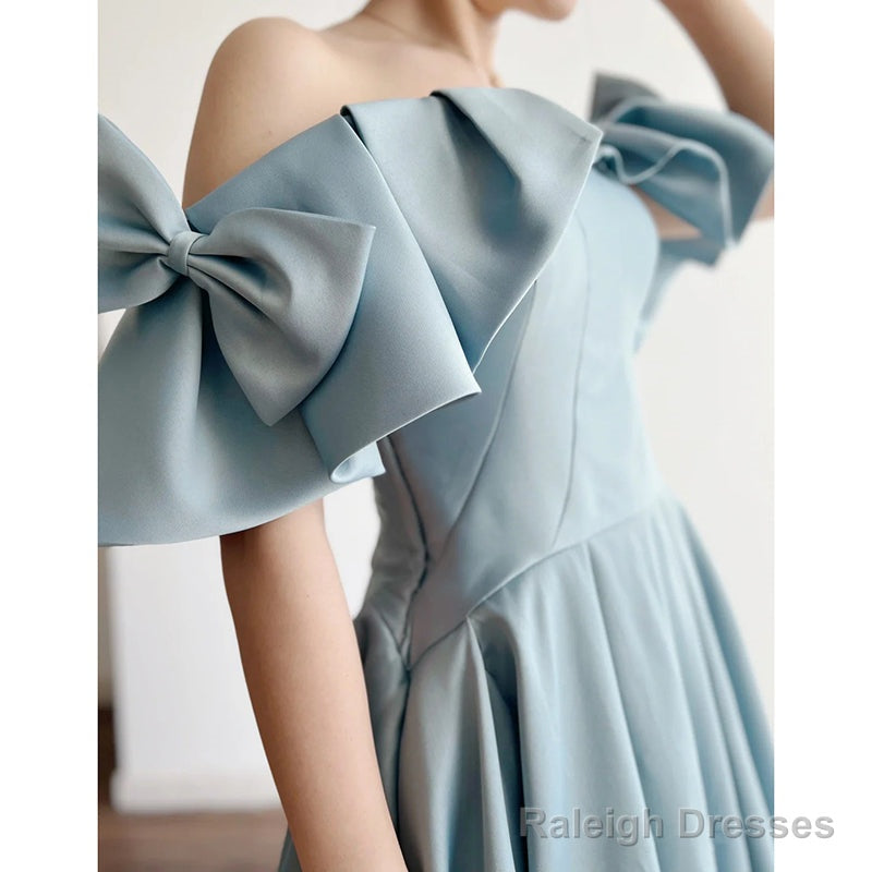 Blue Satin Off Shoulder Prom Dresses Long With Bow A-Line Prom Dresses