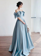 Blue Satin Off Shoulder Prom Dresses Long With Bow A-Line Prom Dresses
