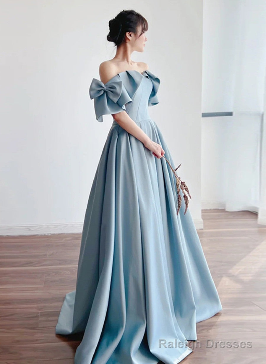 Blue Satin Off Shoulder Prom Dresses Long With Bow A-Line Prom Dresses