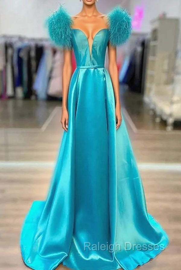 Blue Satin Off the Shoulder Feather Prom Dress Main image