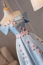 Blue Satin Off the Shoulder Prom Dresses,A-Line Homecoming Dress
