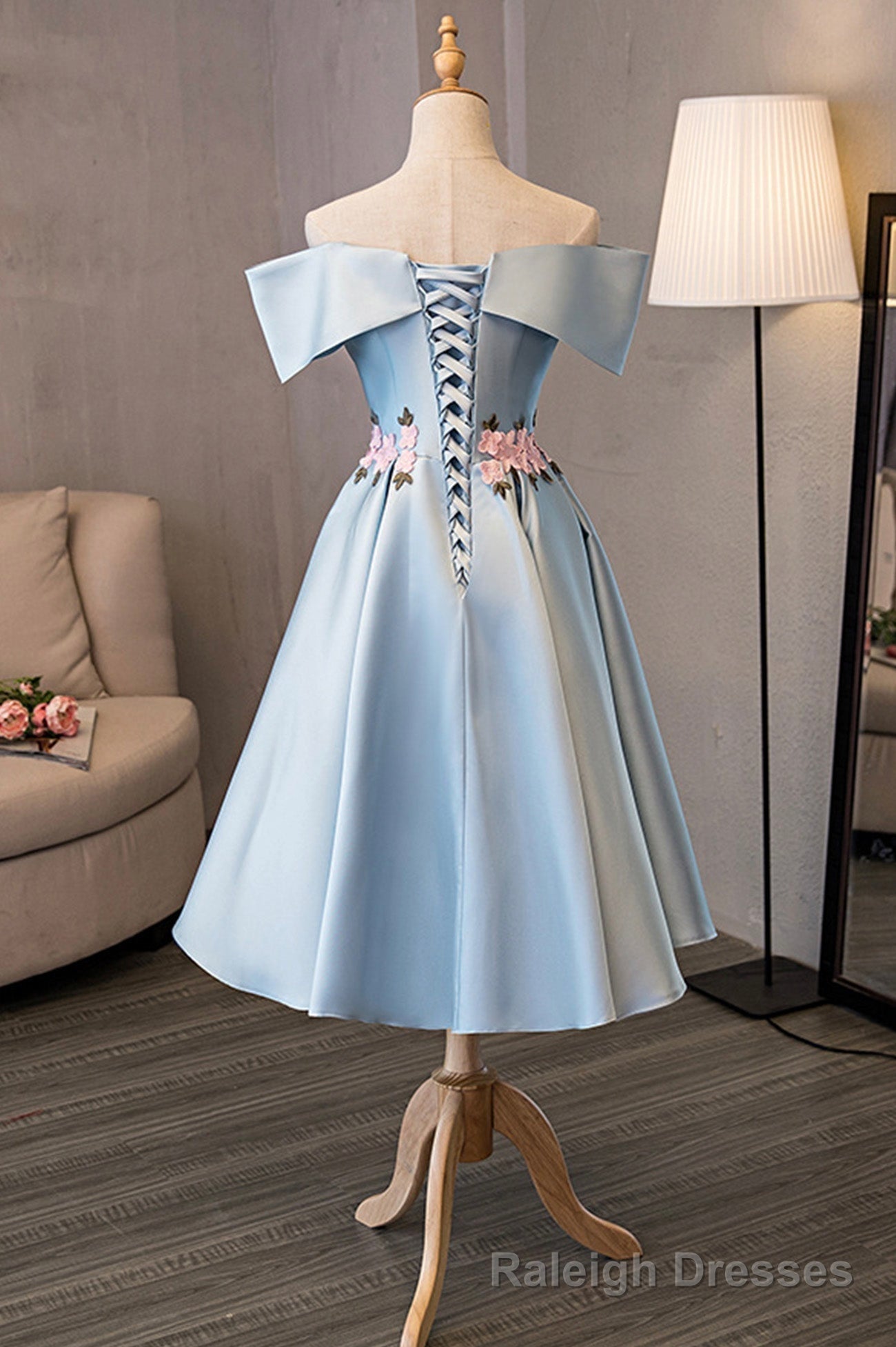 Blue Satin Off the Shoulder Prom Dresses,A-Line Homecoming Dress