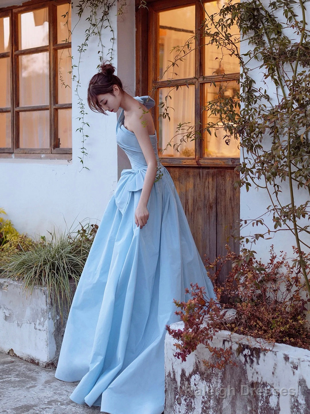 Blue Satin One Shoulder Floor Length Prom Dress, Blue A-Line Evening Party Dress Secondary image