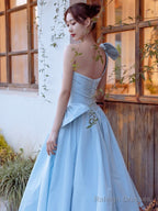 Blue Satin One Shoulder Floor Length Prom Dress, Blue A-Line Evening Party Dress