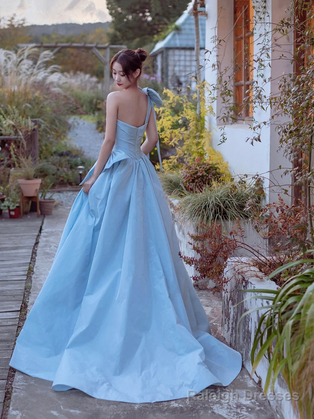 Blue Satin One Shoulder Floor Length Prom Dress, Blue A-Line Evening Party Dress