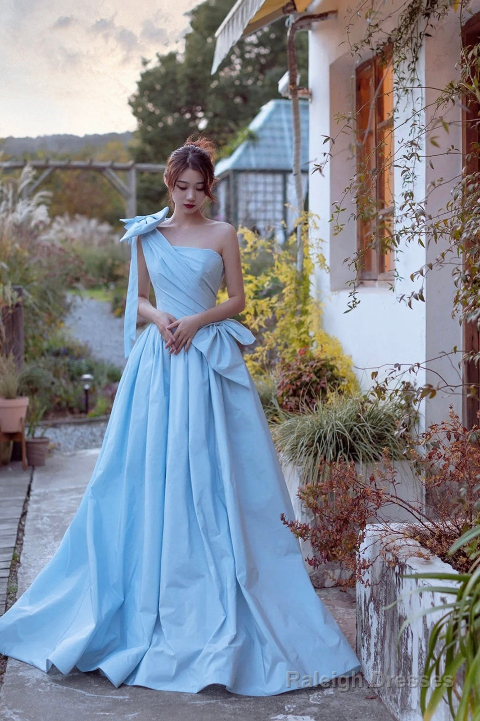 Blue Satin One Shoulder Floor Length Prom Dress, Blue A-Line Evening Party Dress Main image