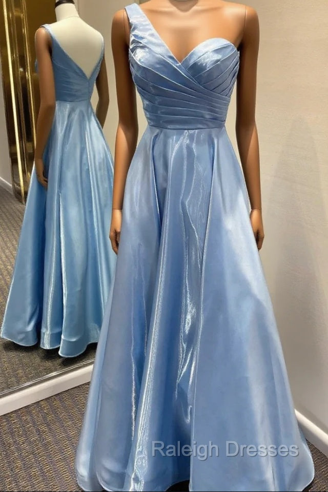Blue Satin One Shoulder Pleats Prom Dress Main image