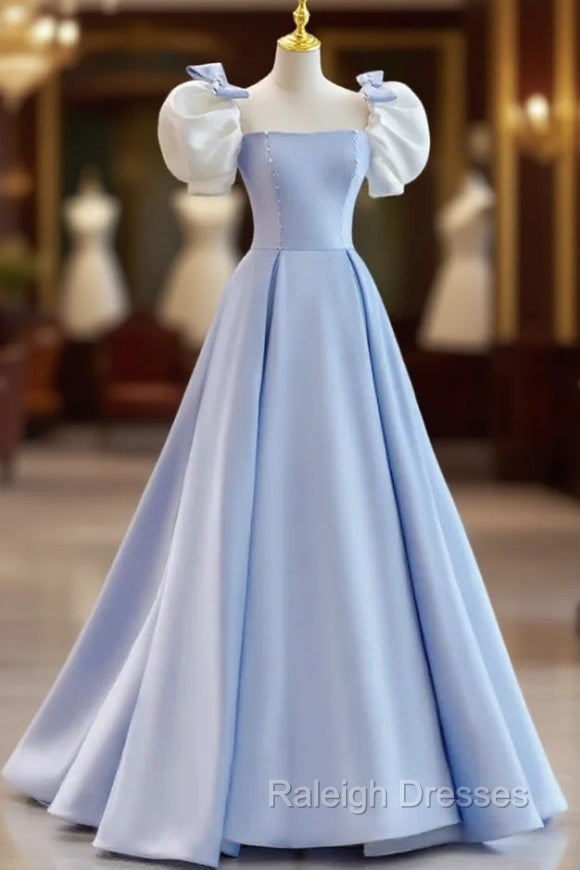 Blue Satin Puf Sleeve Bow Prom Dress Main image