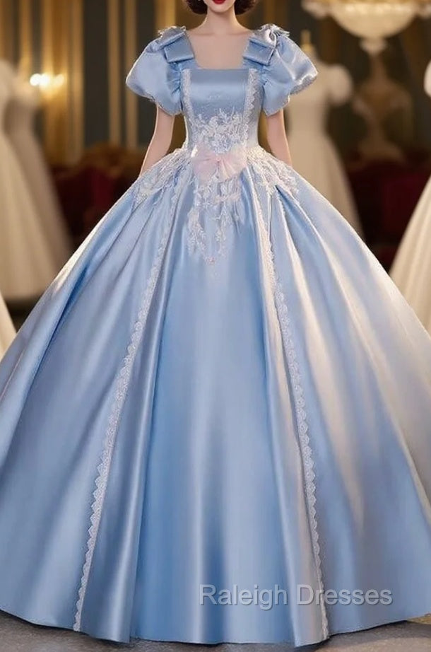 Blue Satin Puff Sleeve Appliques Quinceanera Dress Main image
