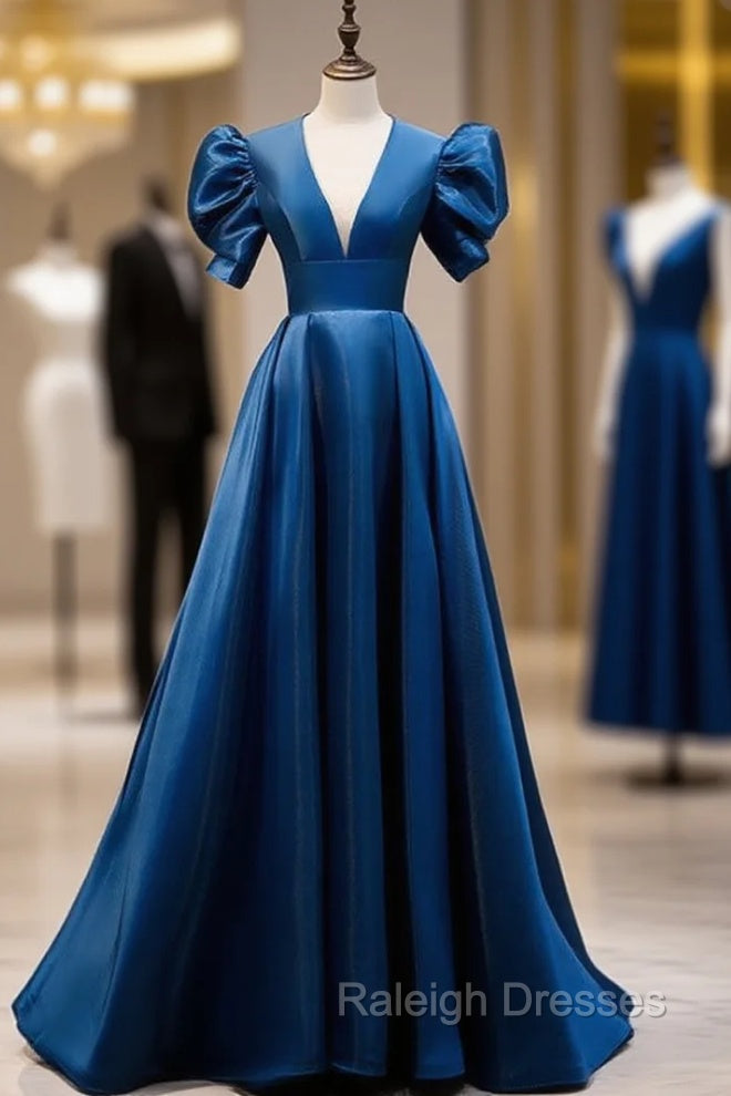 Blue Satin Puff Sleeve Backless Prom Dress Main image