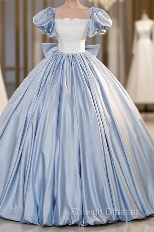 Blue Satin Puff Sleeve Bow Quinceanera Dress Main image