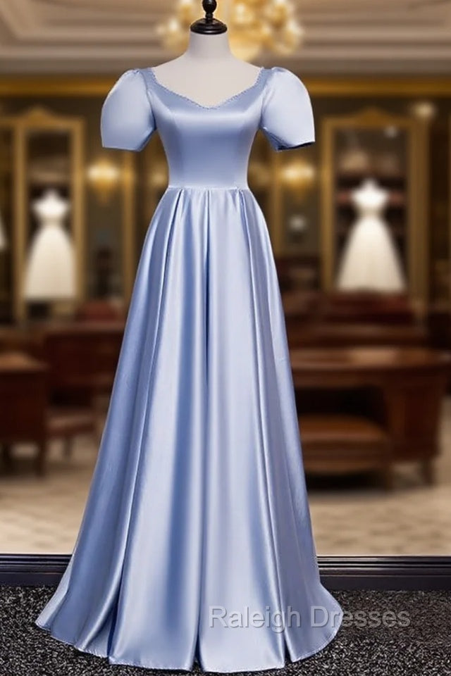Blue Satin Puff Sleeve Pearls Beading Prom Dress