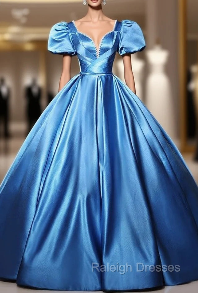 Blue Satin Puff Sleeve Pearls Quinceanera Dress