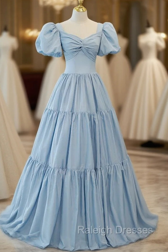 Blue Satin Puff Sleeve Pleats Prom Dress Main image