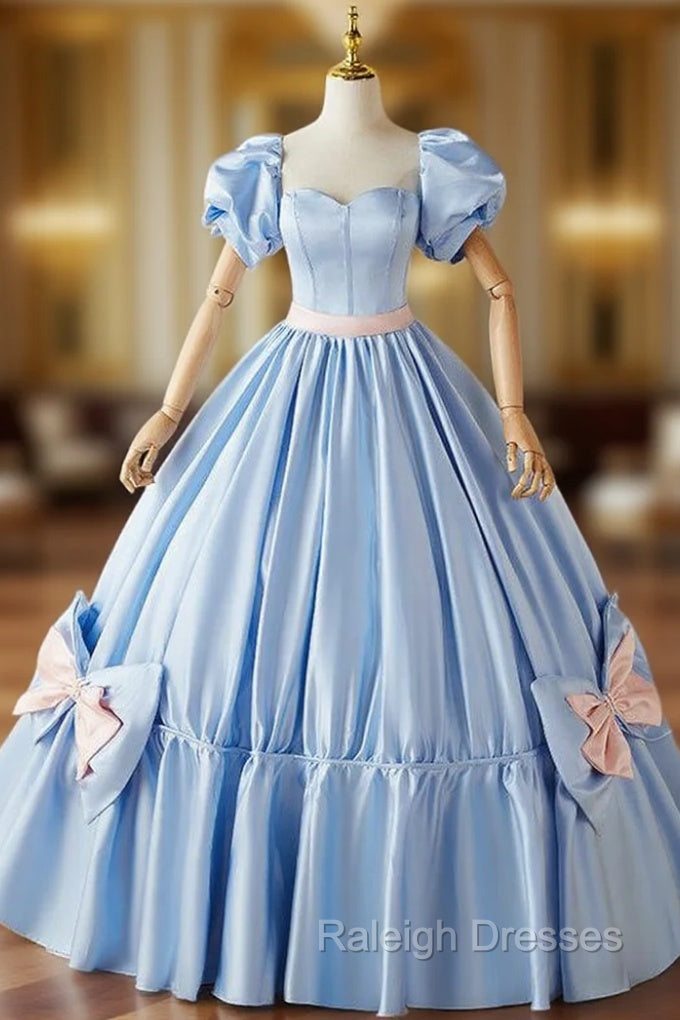 Blue Satin Puff Sleeve Quinceanera Dress With Bow Main image