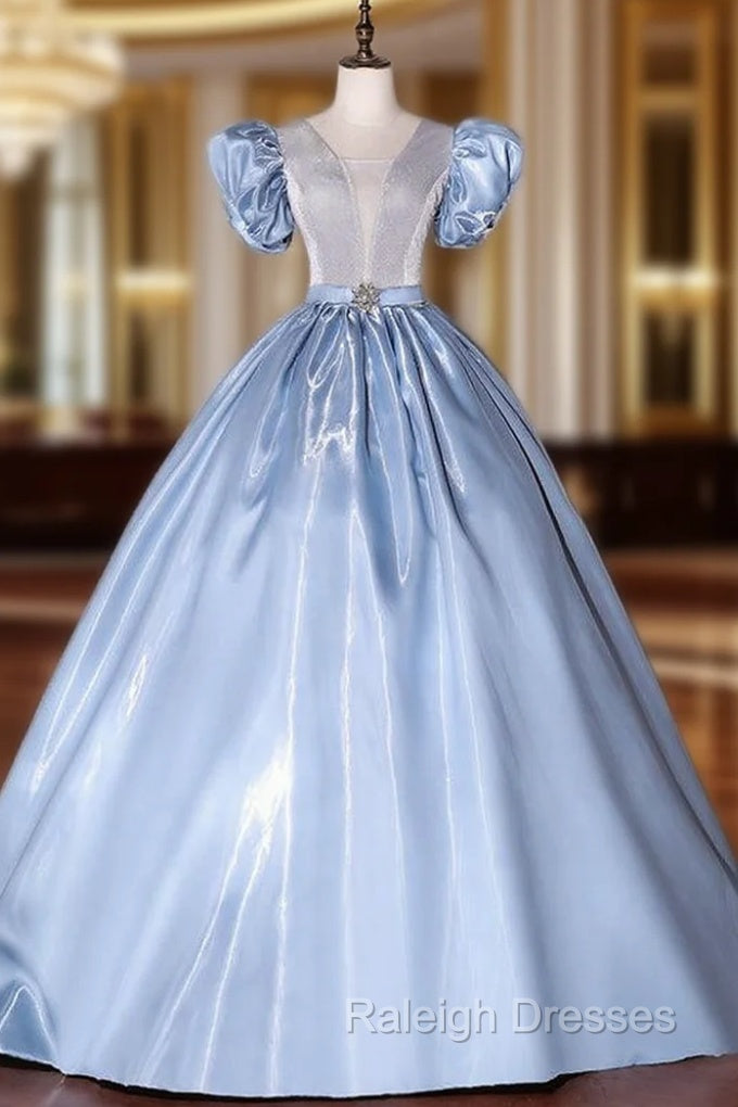 Blue Satin Puff Sleeve Quinceanera Dress