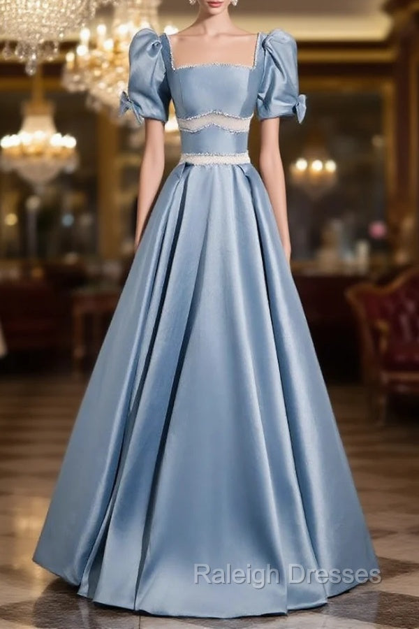 Blue Satin Puff Sleeve Square Beading Prom Dress