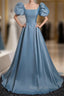 Blue Satin Puff Sleeve Square Neck Prom Dress