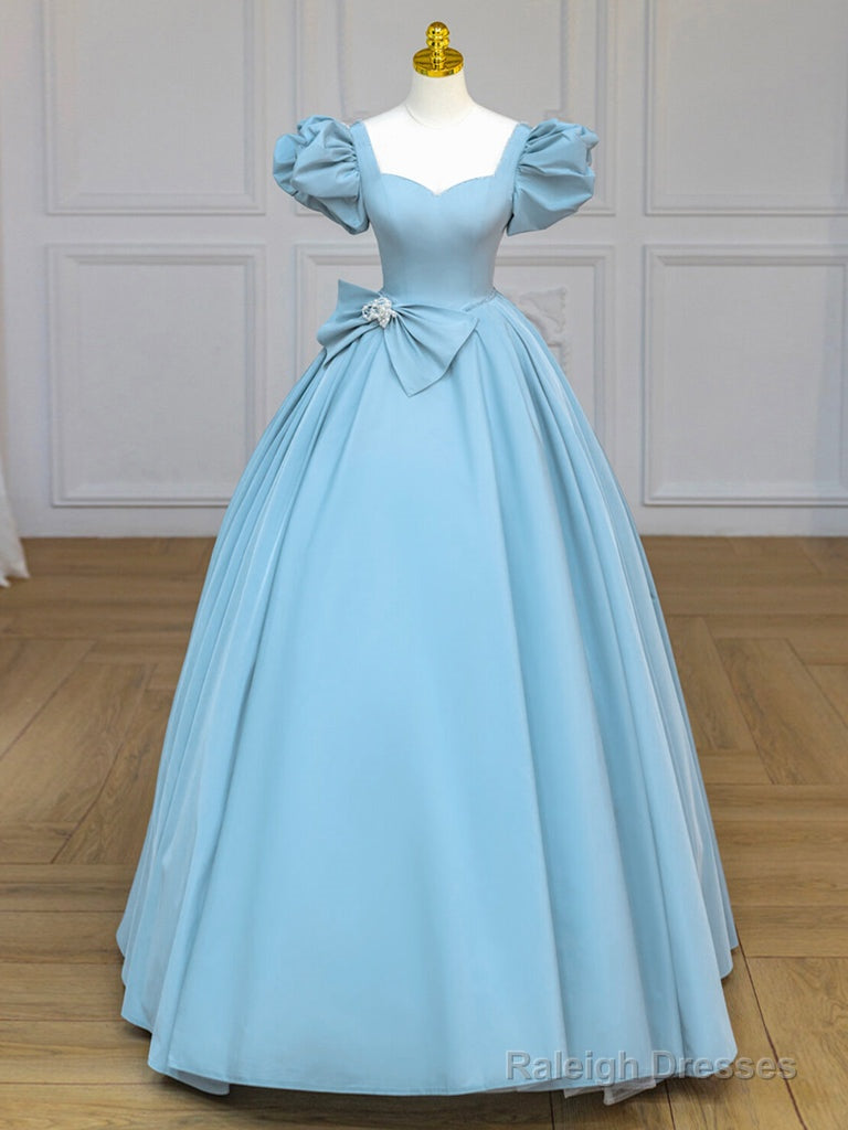 Blue Satin Puff Sleeves Long Prom Gown, Blue Long Sweet 16 Dress Main image