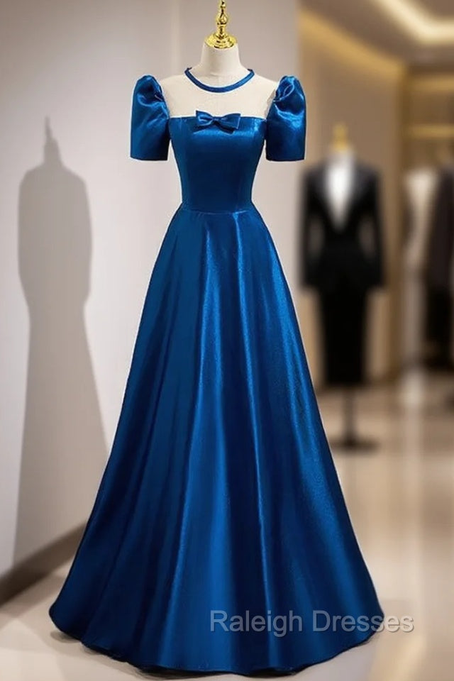 Blue Satin See Through Neck Short Sleeve Prom Dress Main image