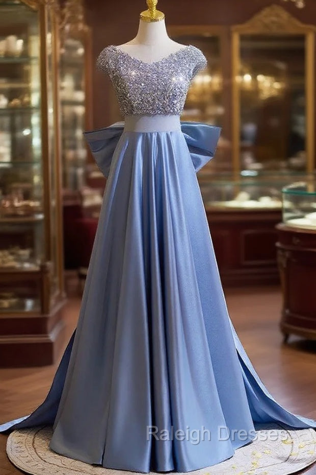 Blue Satin Sequins V Neck Prom Dress