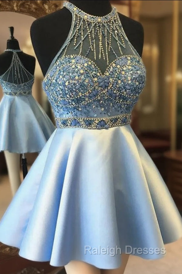 Blue Satin Short Homecoming Dress with Beading and Crystals