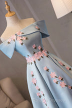 Blue Satin Short Party Dress With Flowers, Blue Knee Length Homecoming Dress