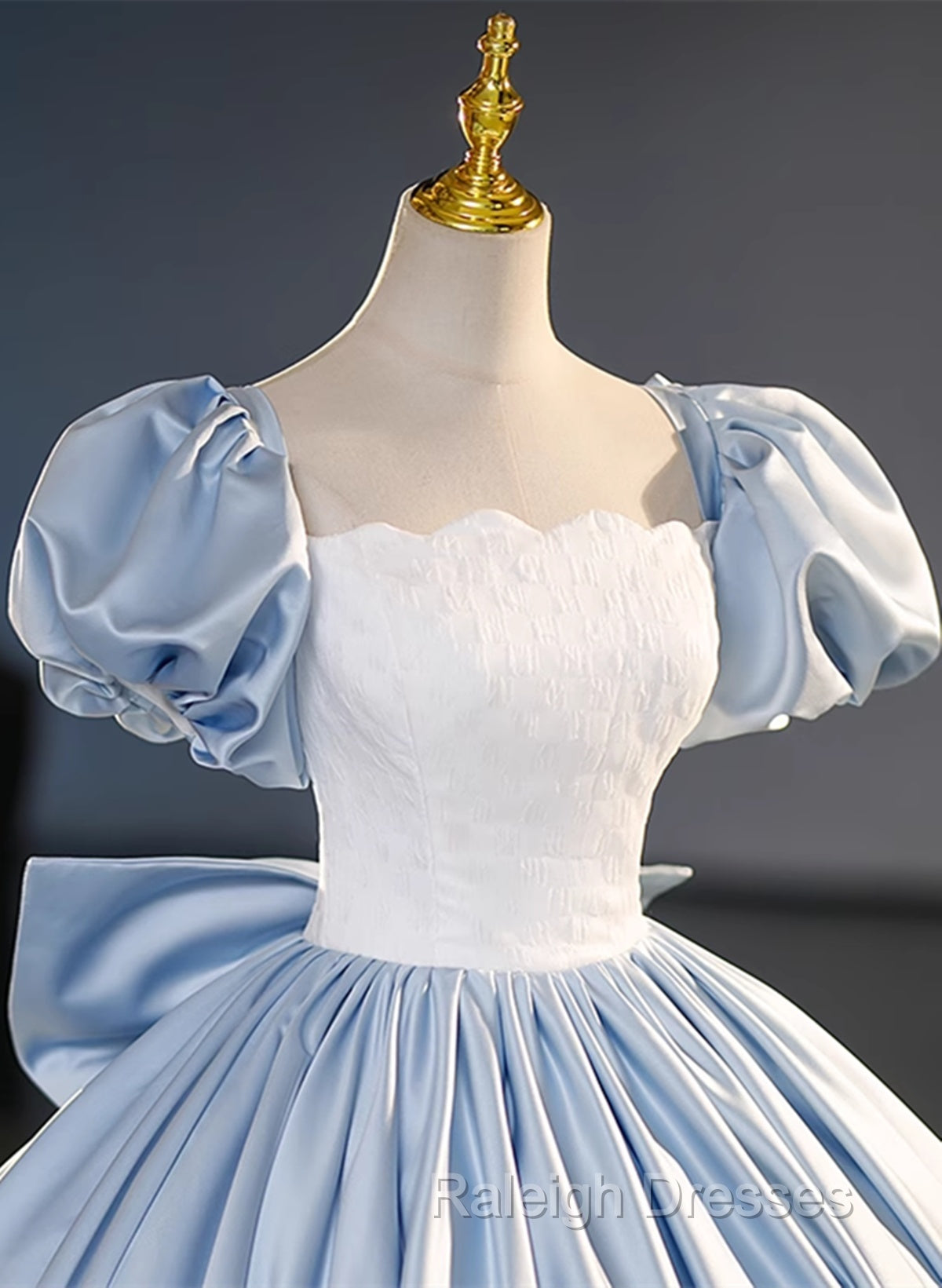 Blue Satin Short Sleeves Long Formal Dress, Blue Satin Sweet 16 Dress Secondary image