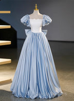 Blue Satin Short Sleeves Long Prom Dresses Blue Satin Sweet 16 Dresses