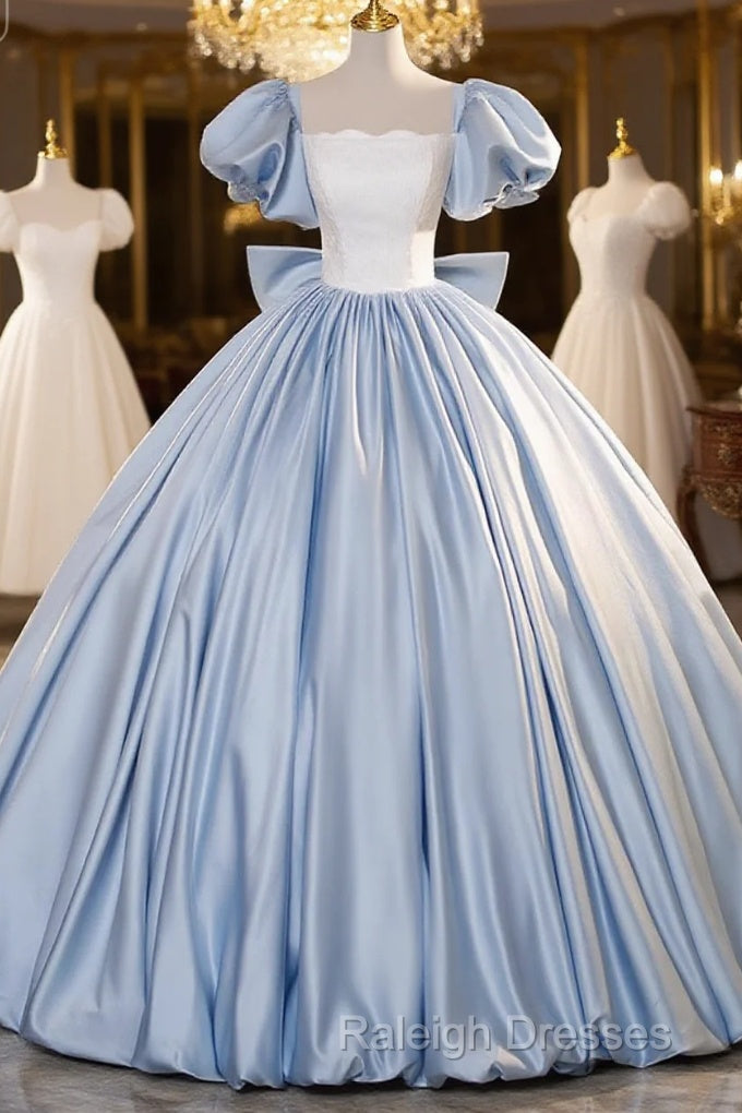 Blue Satin Short Sleeves Long Formal Dress, Blue Satin Sweet 16 Dress