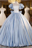 Blue Satin Short Sleeves Long Formal Dress, Blue Satin Sweet 16 Dress