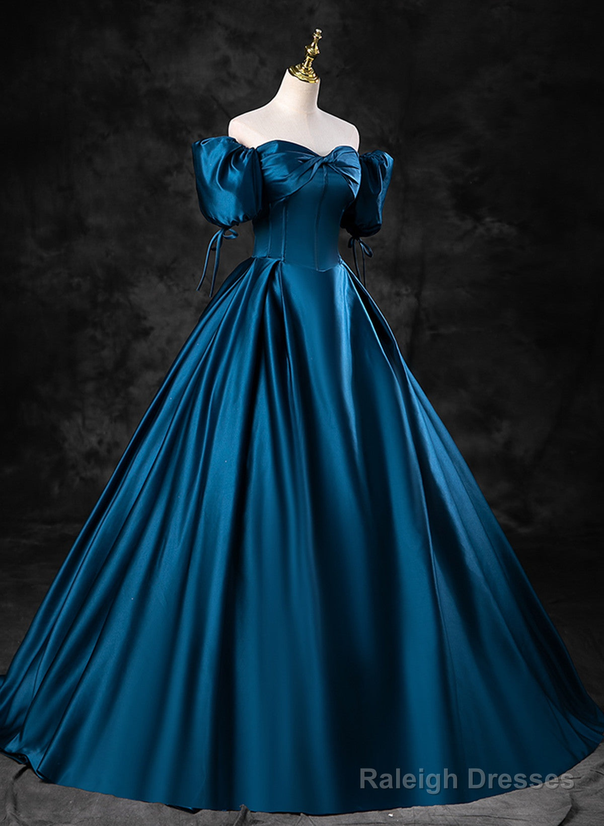 Blue Satin Short Sleeves Sweetheart Long Party Dress, Blue A-Line Prom Dress Evening Dress Secondary image