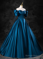 Blue Satin Short Sleeves Sweetheart Long Party Dress, Blue A-Line Prom Dress Evening Dress
