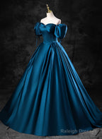 Blue Satin Short Sleeves Sweetheart Long Party Dress, Blue A-Line Prom Dress Evening Dress