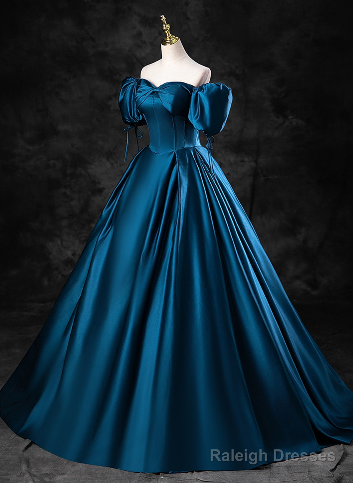 Blue Satin Short Sleeves Sweetheart Long Party Dress, Blue A-Line Prom Dress Evening Dress