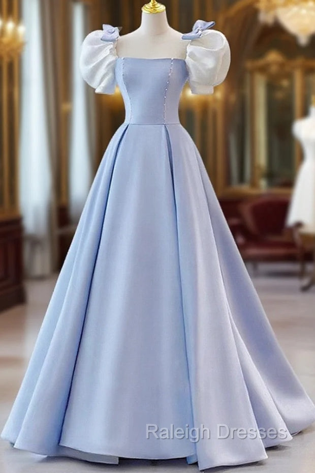 Blue Satin Short Sleeves with Bow Lace-up Prom Dress, Blue Prom Dress