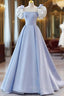 Blue Satin Short Sleeves with Bow Lace-up Prom Dress, Blue Prom Dress