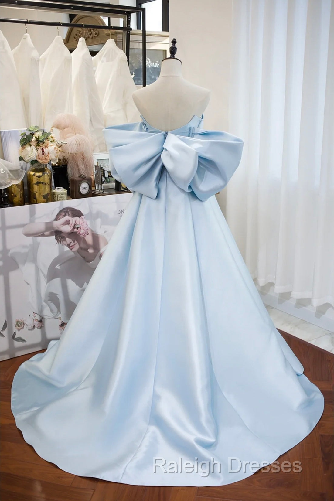Blue Satin Spaghetti Strap Long Prom Dress With Big Bow, Blue A-Line Evening Party Dress
