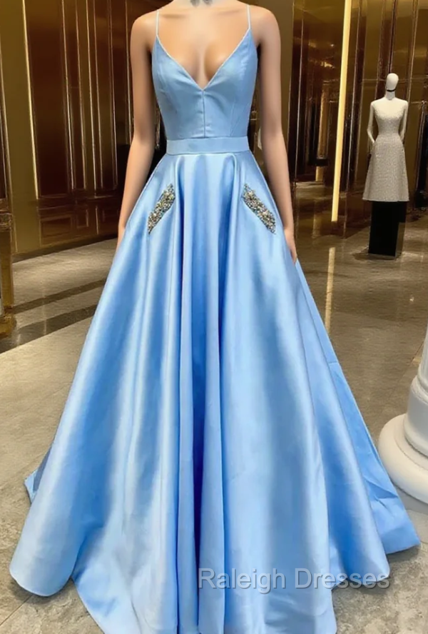 Blue Satin Spaghetti Straps Pocket Beading Prom Dress Main image