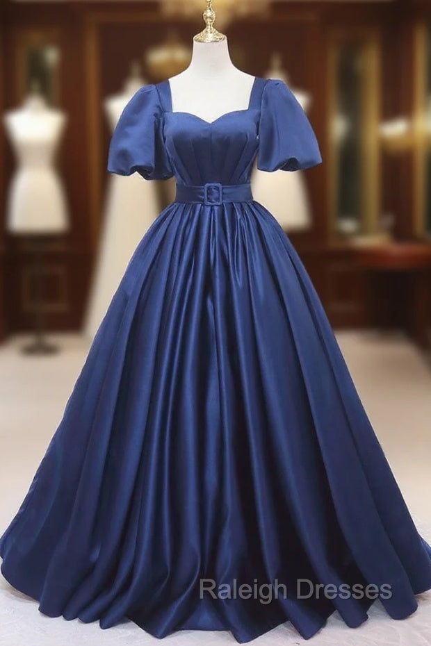Blue Satin Square Neck Puff Sleeve Pleats Prom Dress Main image
