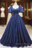 Blue Satin Square Neck Puff Sleeve Pleats Prom Dress